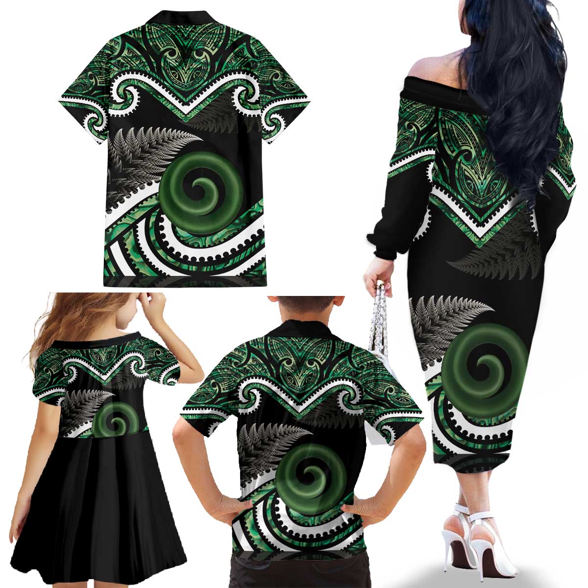 Koru Pounamu Aotearoa Family Matching Off The Shoulder Long Sleeve Dress and Hawaiian Shirt Maori Paua Shell Mix Silver Fern