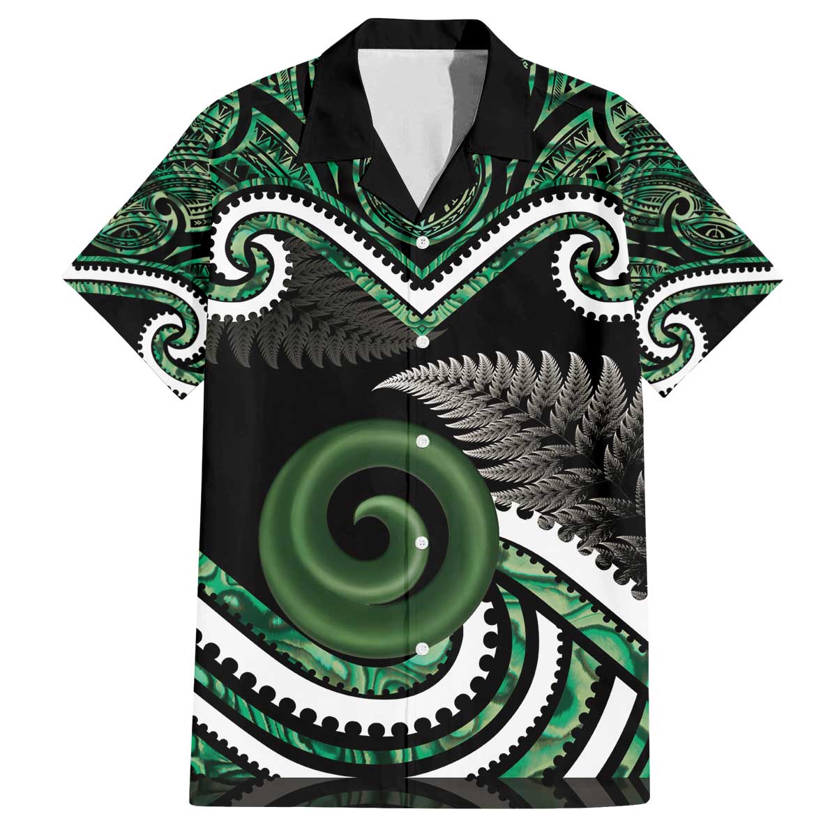 Koru Pounamu Aotearoa Family Matching Off The Shoulder Long Sleeve Dress and Hawaiian Shirt Maori Paua Shell Mix Silver Fern