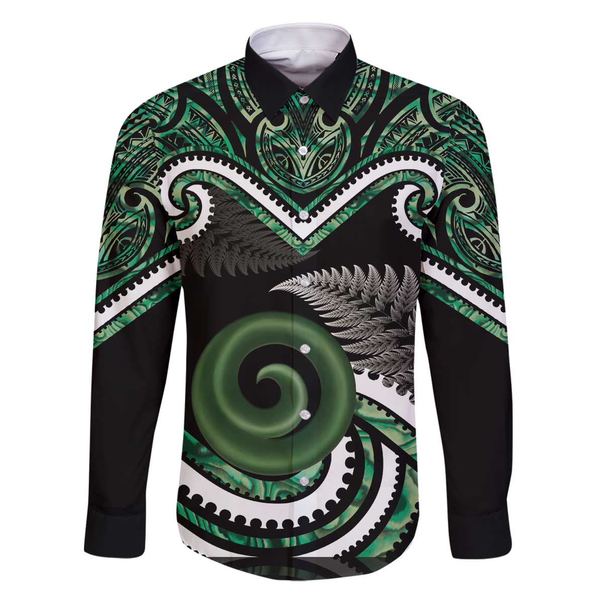 Koru Pounamu Aotearoa Family Matching Off The Shoulder Long Sleeve Dress and Hawaiian Shirt Maori Paua Shell Mix Silver Fern