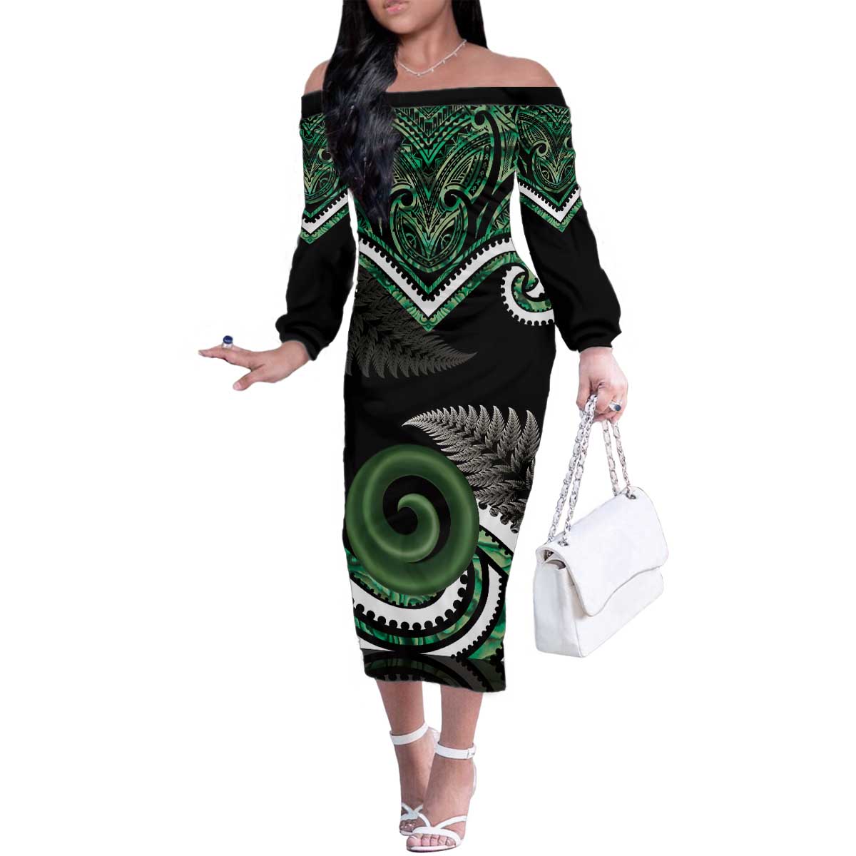 Koru Pounamu Aotearoa Family Matching Off The Shoulder Long Sleeve Dress and Hawaiian Shirt Maori Paua Shell Mix Silver Fern