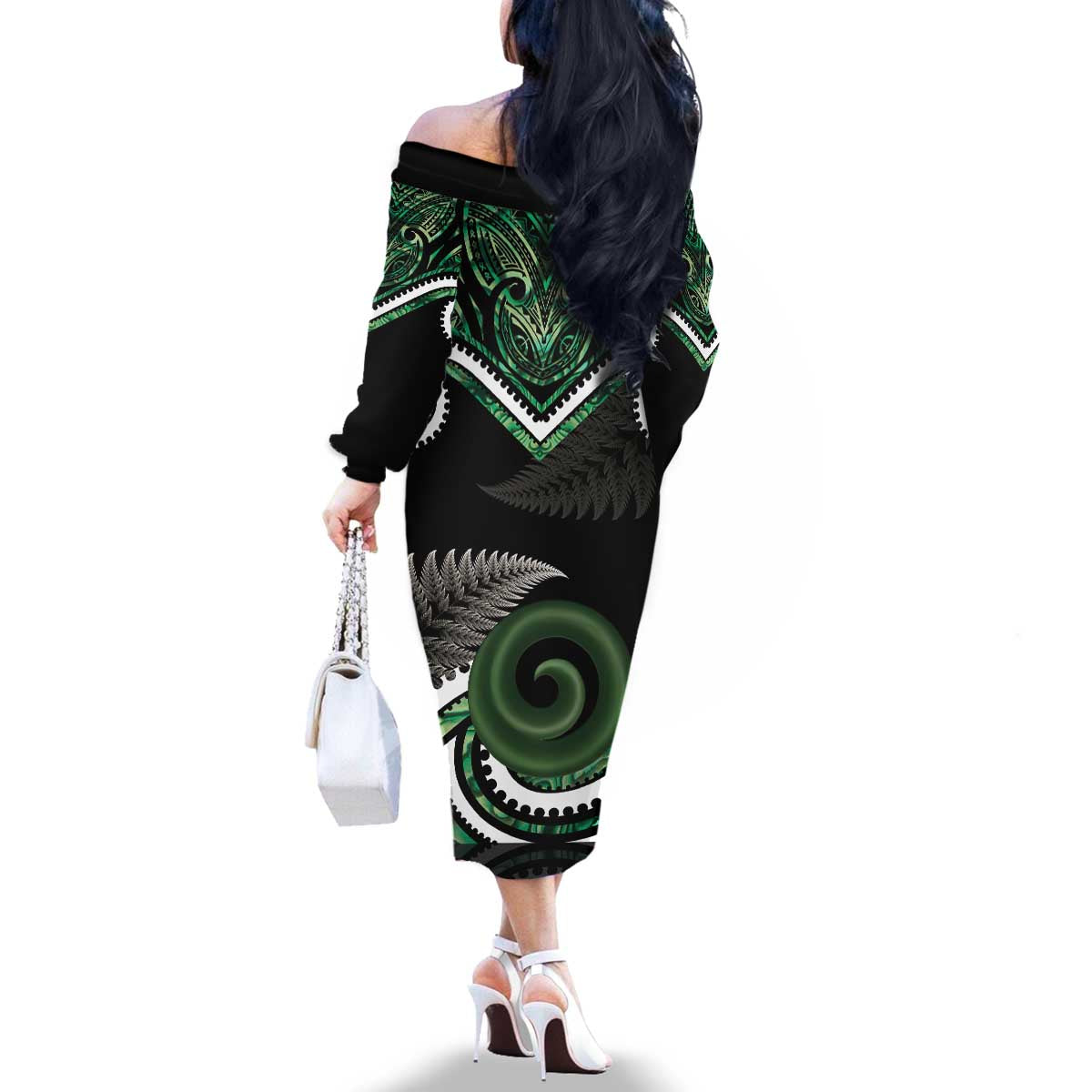 Koru Pounamu Aotearoa Family Matching Off The Shoulder Long Sleeve Dress and Hawaiian Shirt Maori Paua Shell Mix Silver Fern