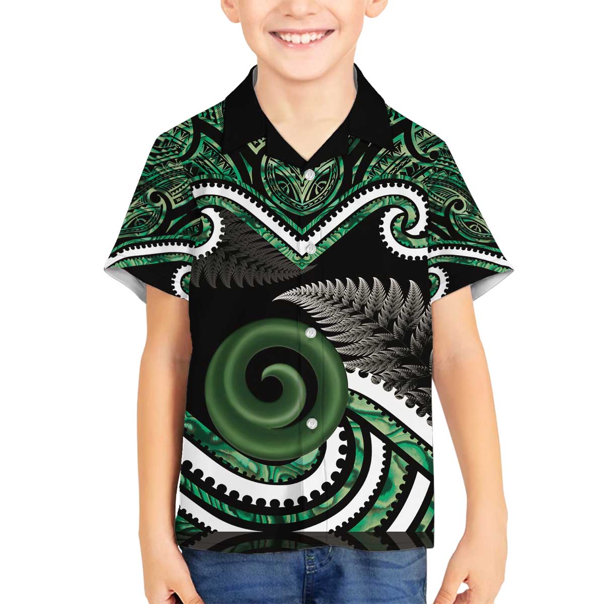 Koru Pounamu Aotearoa Family Matching Off The Shoulder Long Sleeve Dress and Hawaiian Shirt Maori Paua Shell Mix Silver Fern