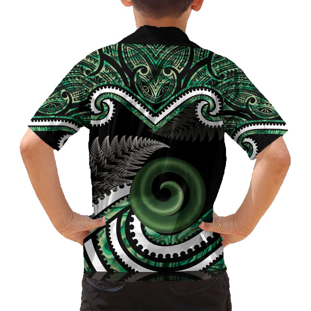 Koru Pounamu Aotearoa Family Matching Off Shoulder Maxi Dress and Hawaiian Shirt Maori Paua Shell Mix Silver Fern