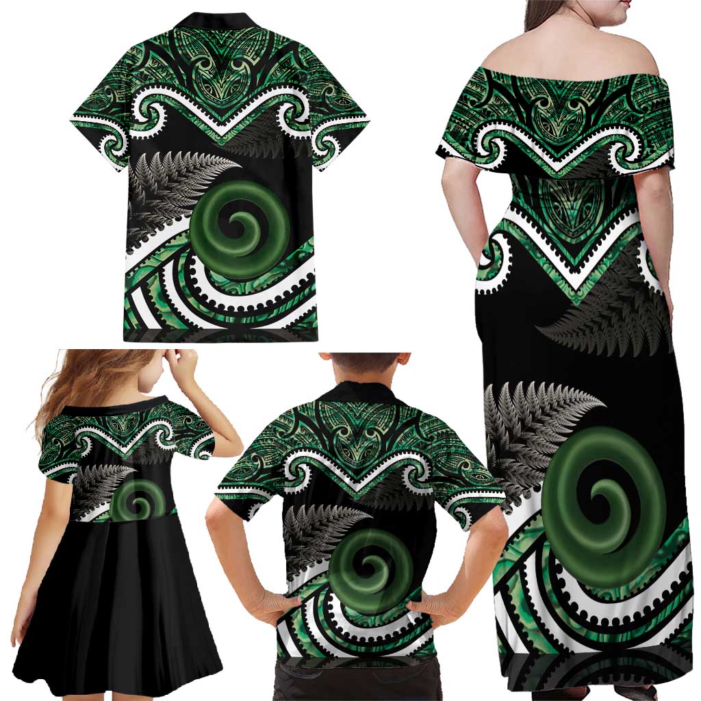 Koru Pounamu Aotearoa Family Matching Off Shoulder Maxi Dress and Hawaiian Shirt Maori Paua Shell Mix Silver Fern