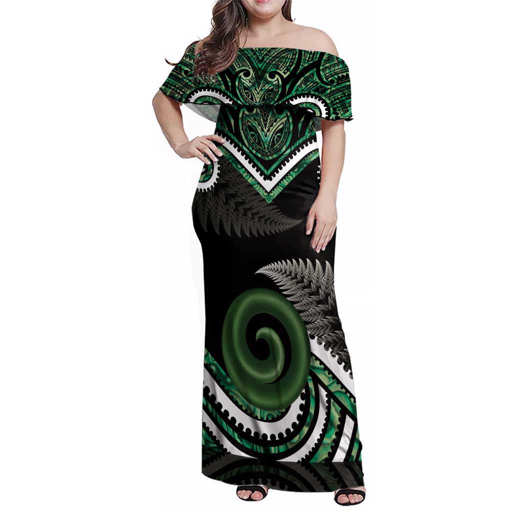 Koru Pounamu Aotearoa Family Matching Off Shoulder Maxi Dress and Hawaiian Shirt Maori Paua Shell Mix Silver Fern