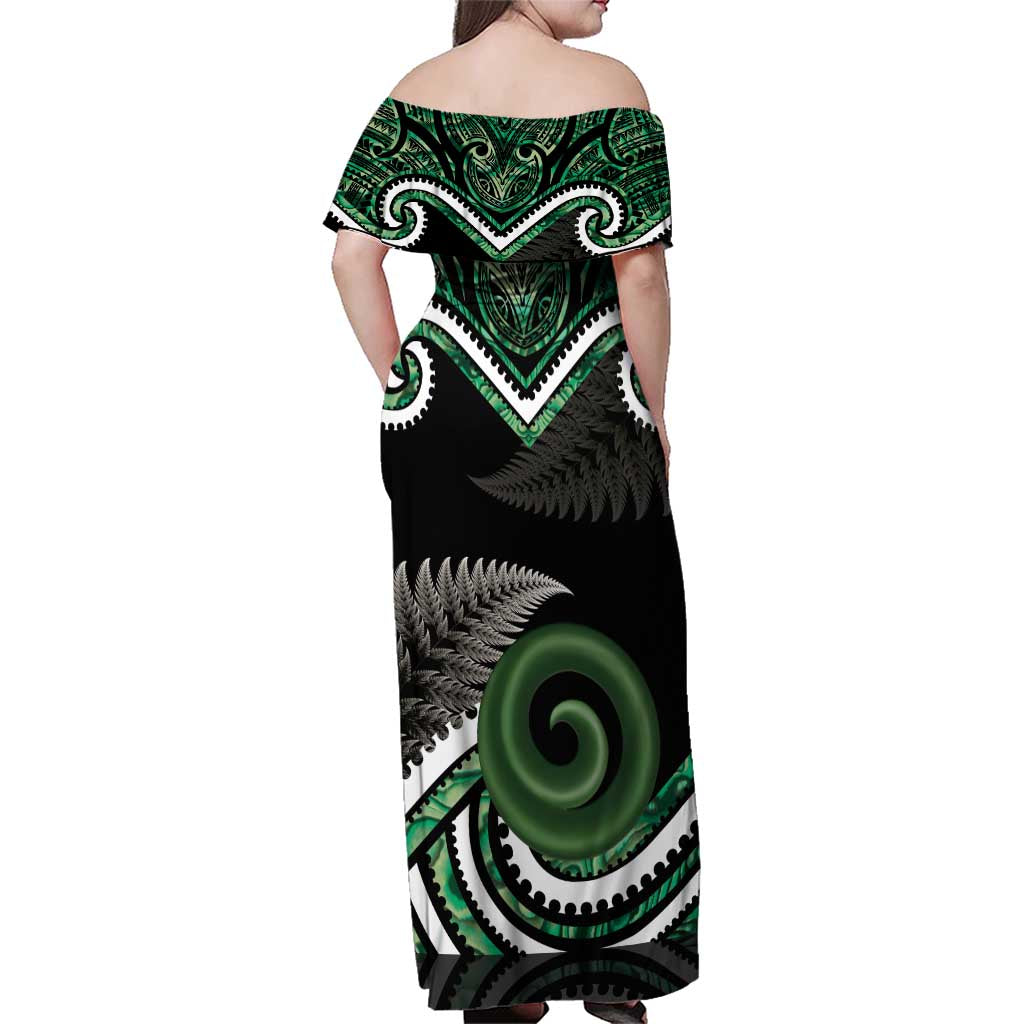 Koru Pounamu Aotearoa Family Matching Off Shoulder Maxi Dress and Hawaiian Shirt Maori Paua Shell Mix Silver Fern