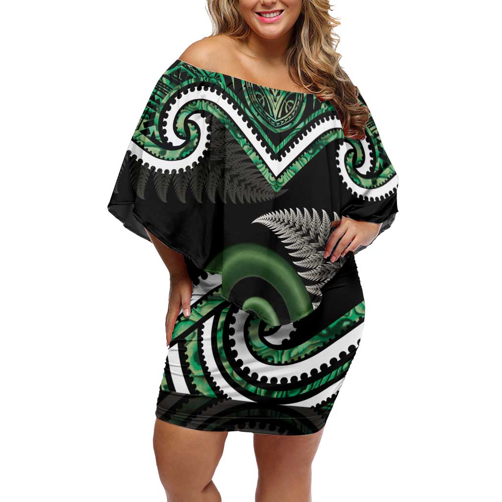 Koru Pounamu Aotearoa Family Matching Off Shoulder Short Dress and Hawaiian Shirt Maori Paua Shell Mix Silver Fern