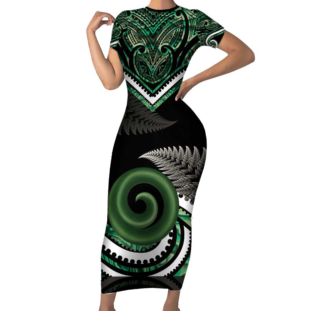 Koru Pounamu Aotearoa Family Matching Short Sleeve Bodycon Dress and Hawaiian Shirt Maori Paua Shell Mix Silver Fern