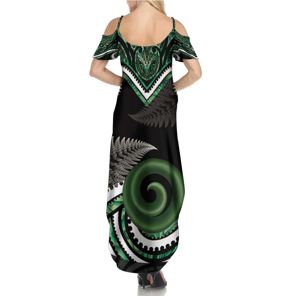 Koru Pounamu Aotearoa Family Matching Summer Maxi Dress and Hawaiian Shirt Maori Paua Shell Mix Silver Fern