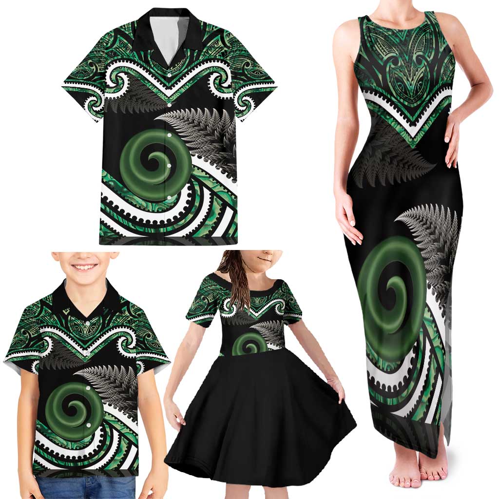 Koru Pounamu Aotearoa Family Matching Tank Maxi Dress and Hawaiian Shirt Maori Paua Shell Mix Silver Fern