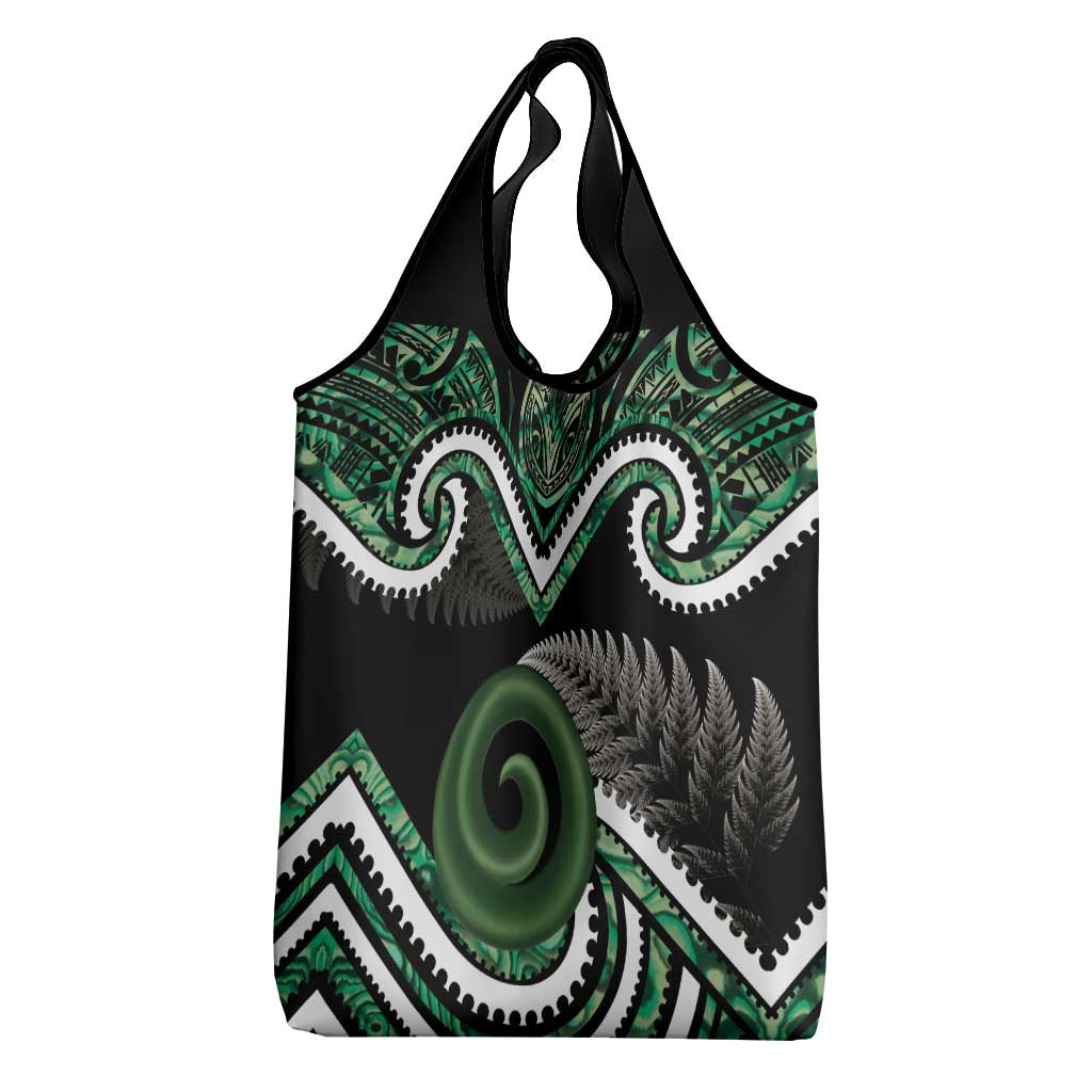 Koru Pounamu Aotearoa Grocery Bag Maori Paua Shell Mix Silver Fern