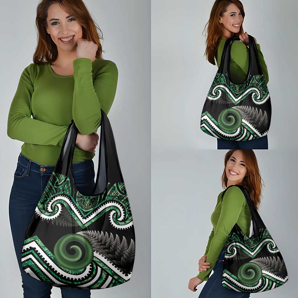 Koru Pounamu Aotearoa Grocery Bag Maori Paua Shell Mix Silver Fern