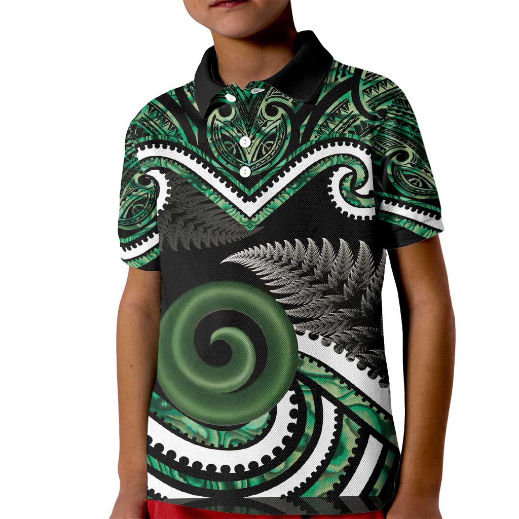 Koru Pounamu Aotearoa Kid Polo Shirt Maori Paua Shell Mix Silver Fern - Vibe Hoodie Shop