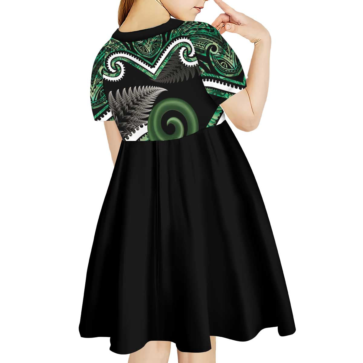 Koru Pounamu Aotearoa Kid Short Sleeve Dress Maori Paua Shell Mix Silver Fern - Vibe Hoodie Shop