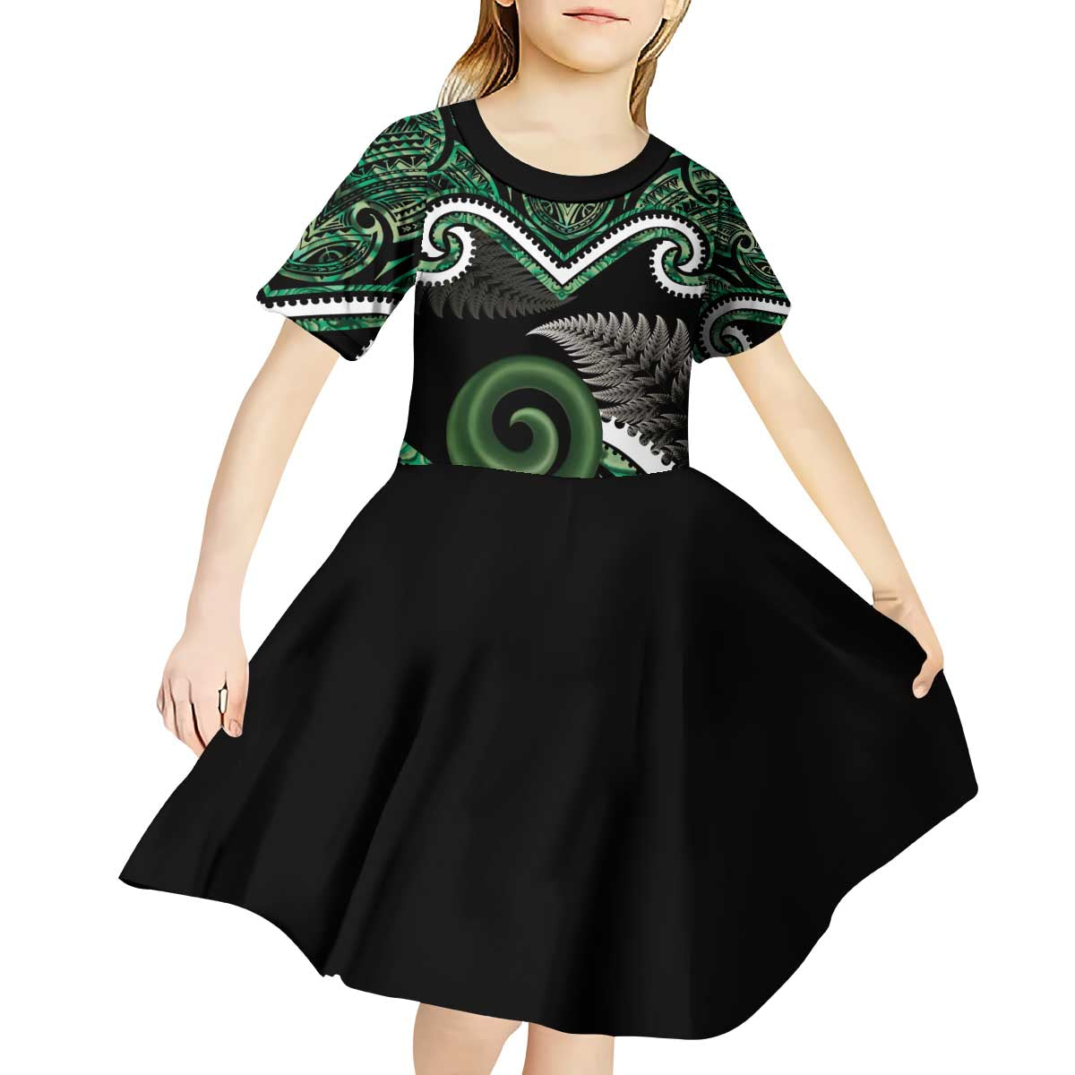 Koru Pounamu Aotearoa Kid Short Sleeve Dress Maori Paua Shell Mix Silver Fern - Vibe Hoodie Shop