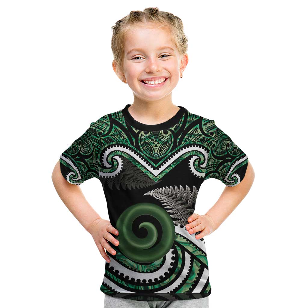 Koru Pounamu Aotearoa Kid T Shirt Maori Paua Shell Mix Silver Fern - Vibe Hoodie Shop