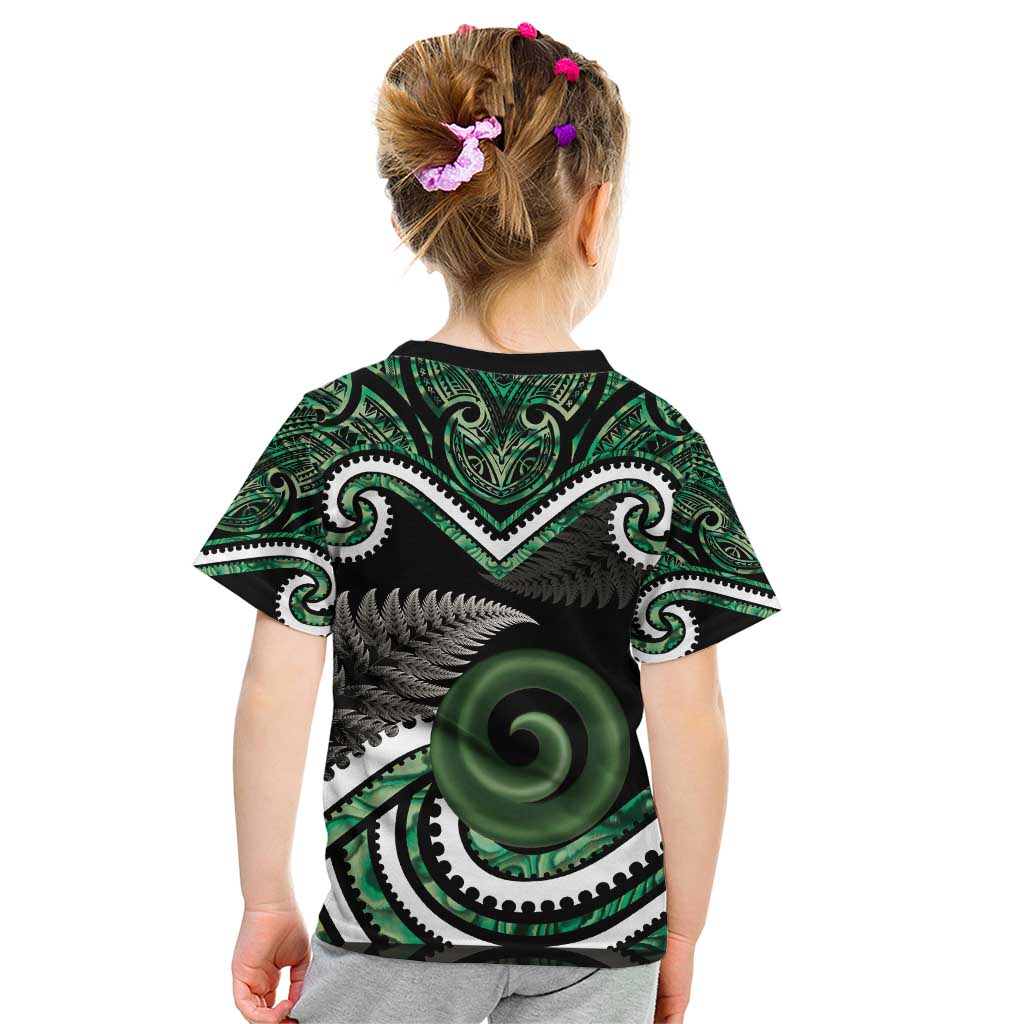 Koru Pounamu Aotearoa Kid T Shirt Maori Paua Shell Mix Silver Fern - Vibe Hoodie Shop