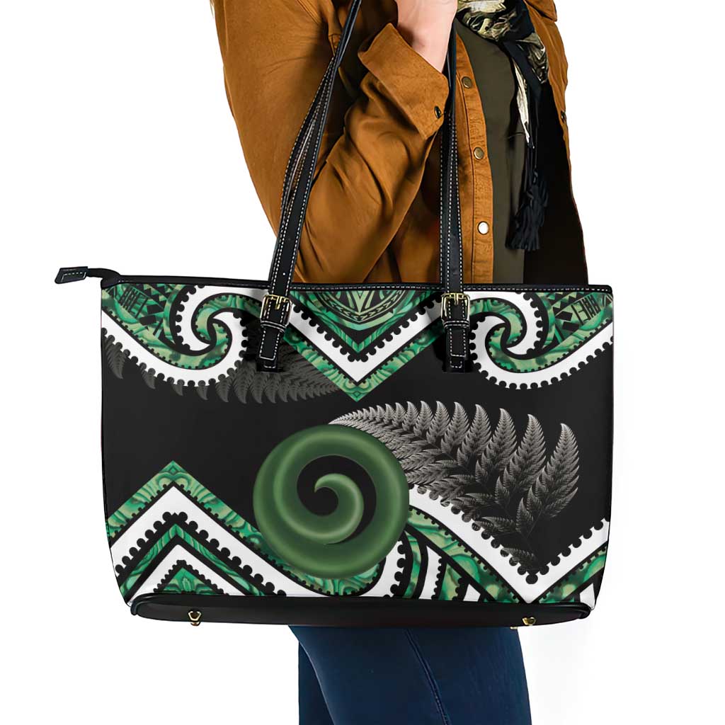 Koru Pounamu Aotearoa Leather Tote Bag Maori Paua Shell Mix Silver Fern