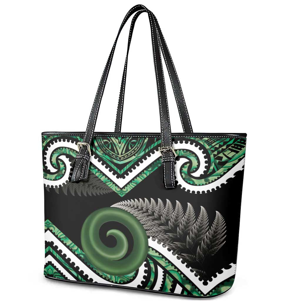 Koru Pounamu Aotearoa Leather Tote Bag Maori Paua Shell Mix Silver Fern