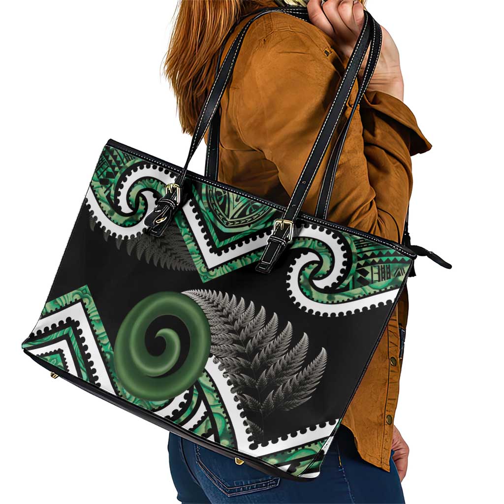 Koru Pounamu Aotearoa Leather Tote Bag Maori Paua Shell Mix Silver Fern