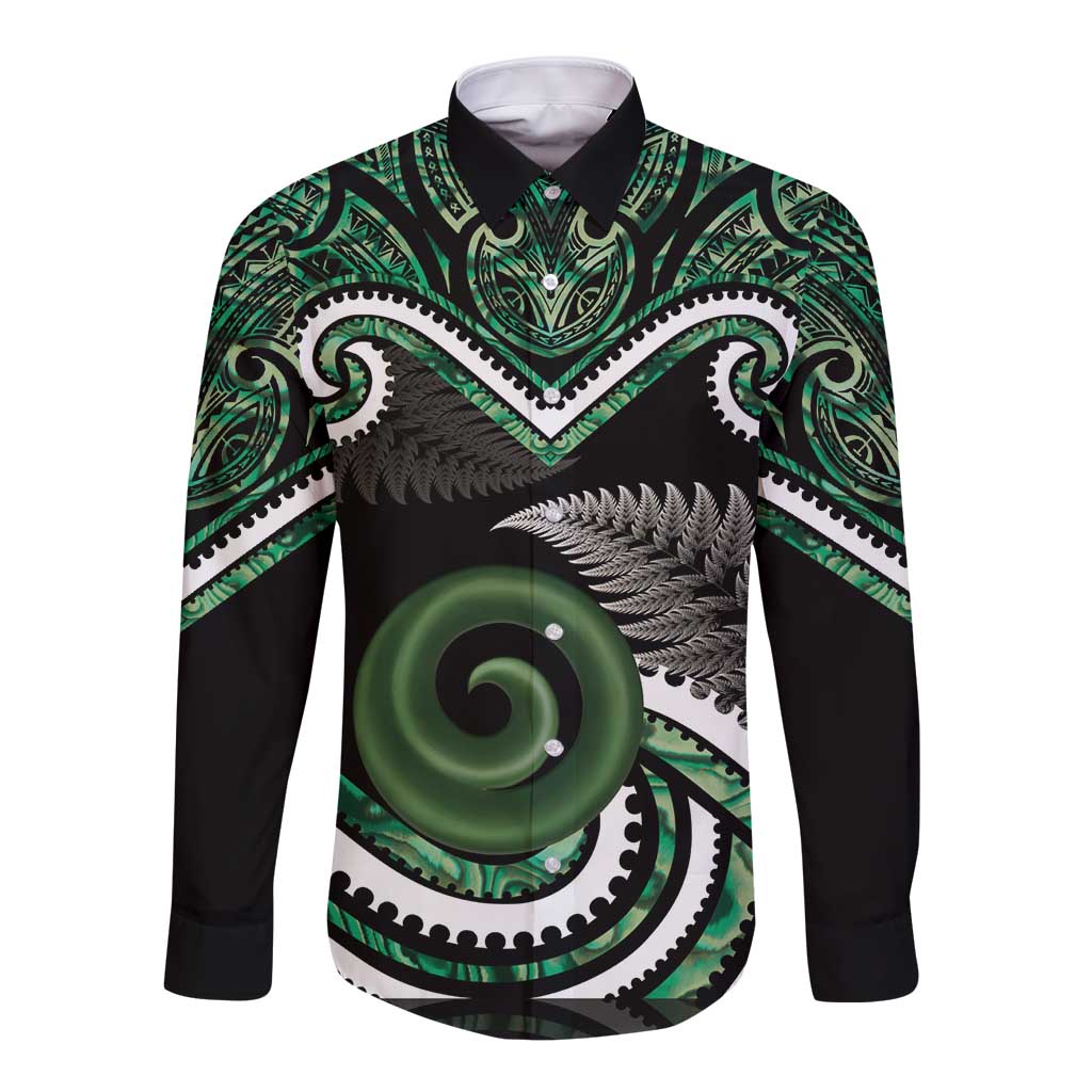 Koru Pounamu Aotearoa Long Sleeve Button Shirt Maori Paua Shell Mix Silver Fern - Vibe Hoodie Shop