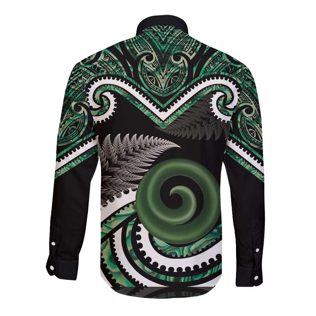 Koru Pounamu Aotearoa Long Sleeve Button Shirt Maori Paua Shell Mix Silver Fern - Vibe Hoodie Shop