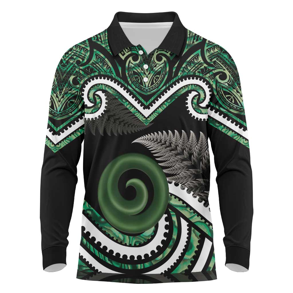 Koru Pounamu Aotearoa Long Sleeve Polo Shirt Maori Paua Shell Mix Silver Fern