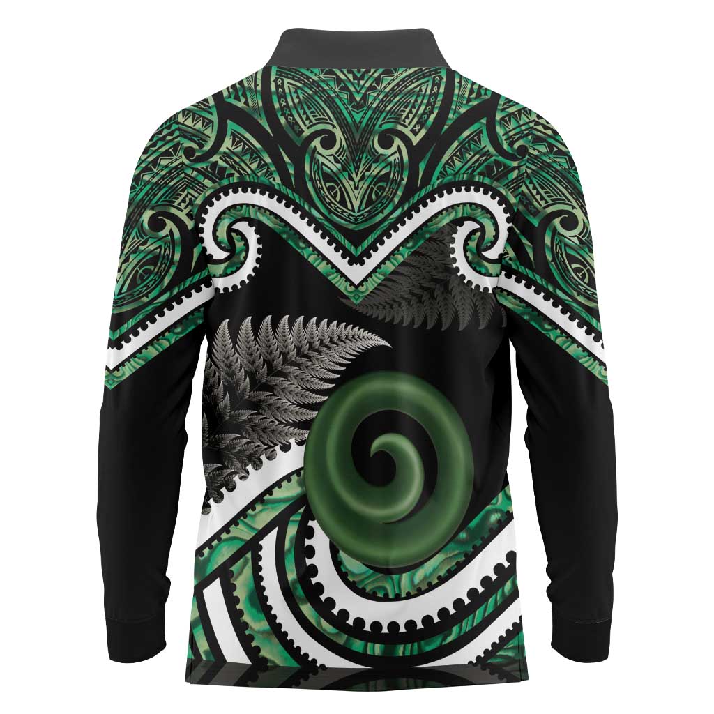 Koru Pounamu Aotearoa Long Sleeve Polo Shirt Maori Paua Shell Mix Silver Fern