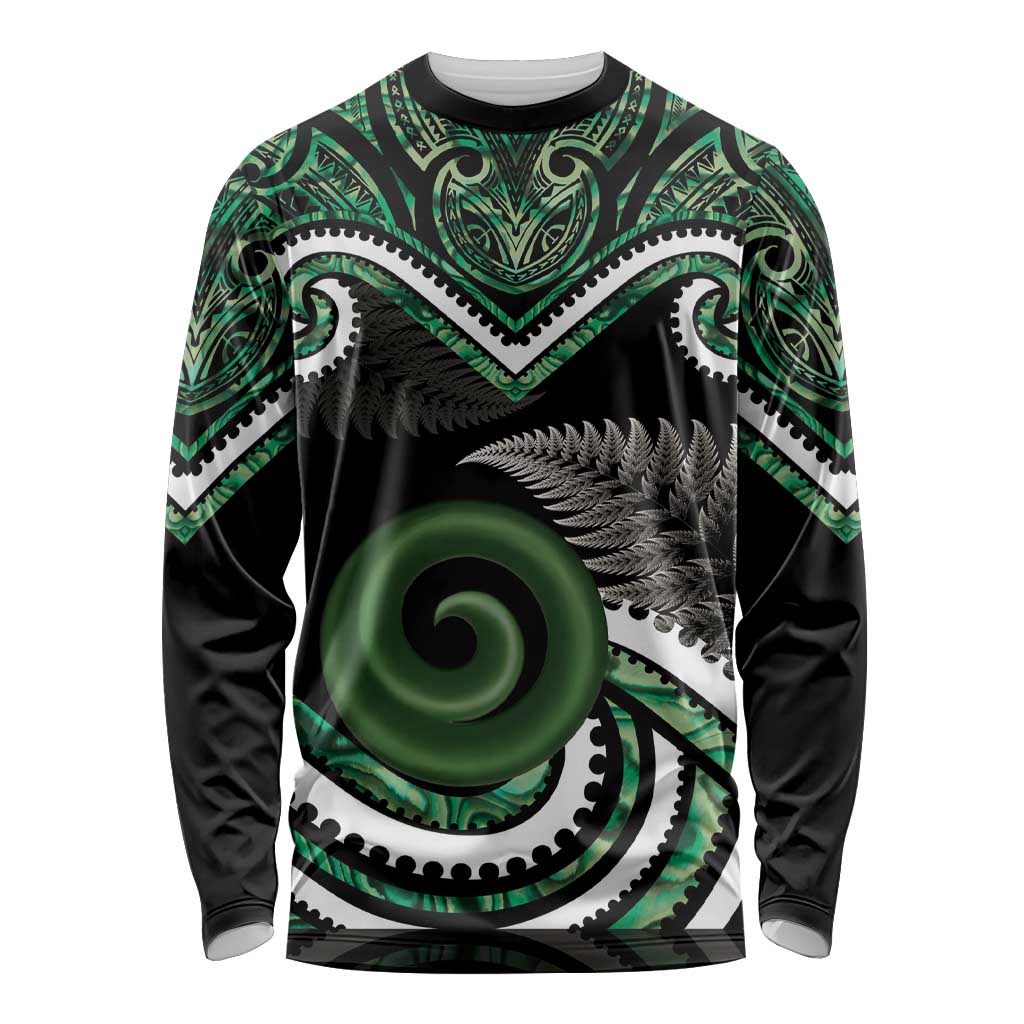 Koru Pounamu Aotearoa Long Sleeve Shirt Maori Paua Shell Mix Silver Fern - Vibe Hoodie Shop