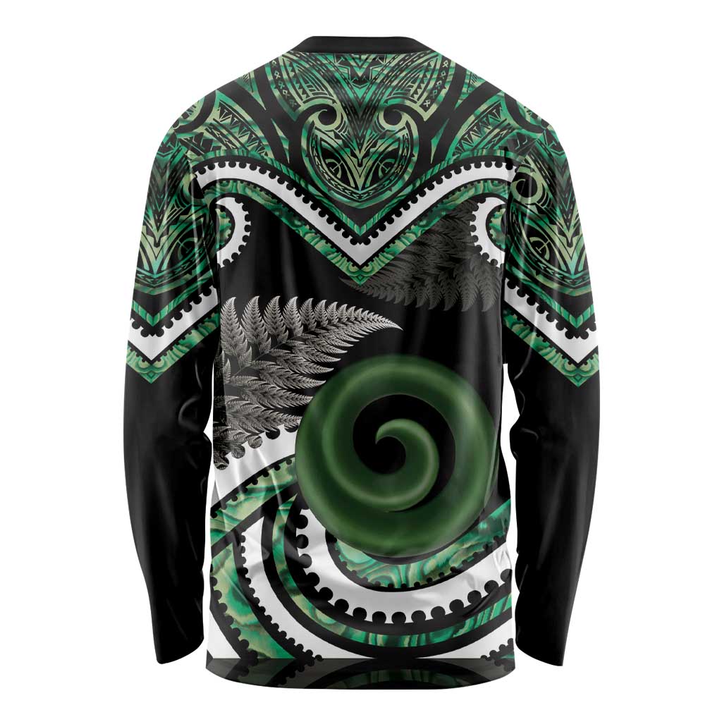 Koru Pounamu Aotearoa Long Sleeve Shirt Maori Paua Shell Mix Silver Fern - Vibe Hoodie Shop