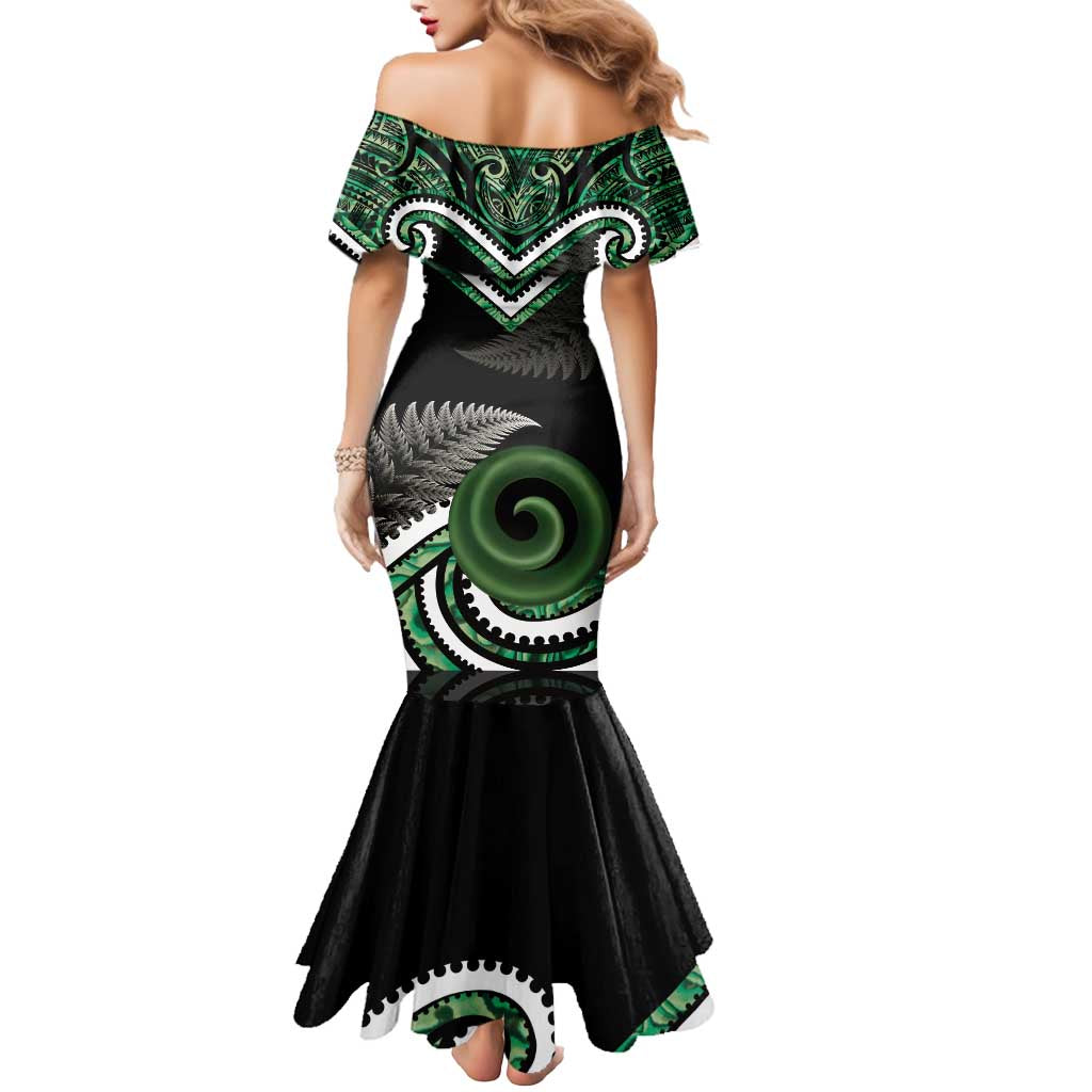 Koru Pounamu Aotearoa Mermaid Dress Maori Paua Shell Mix Silver Fern