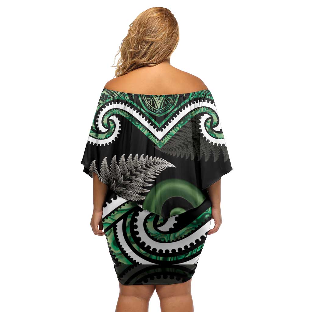 Koru Pounamu Aotearoa Off Shoulder Short Dress Maori Paua Shell Mix Silver Fern