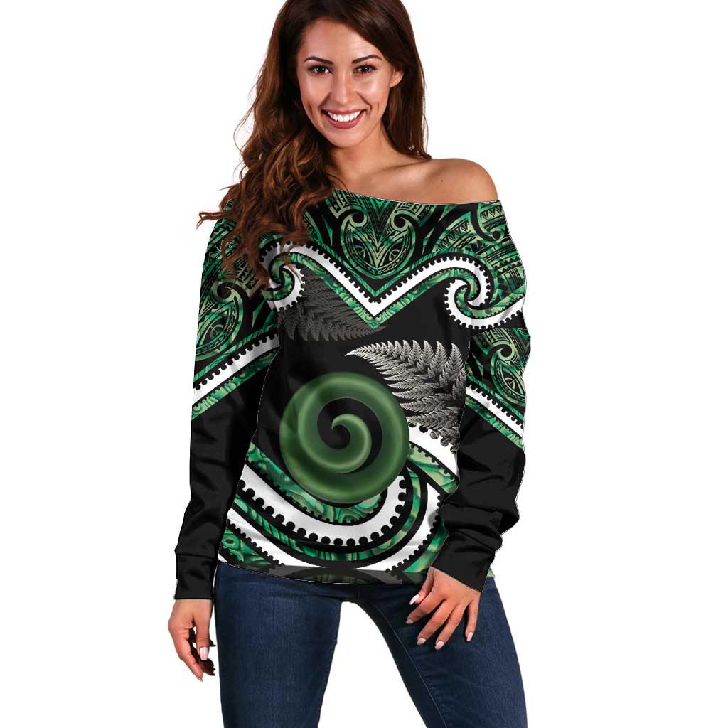 Koru Pounamu Aotearoa Off Shoulder Sweater Maori Paua Shell Mix Silver Fern - Vibe Hoodie Shop