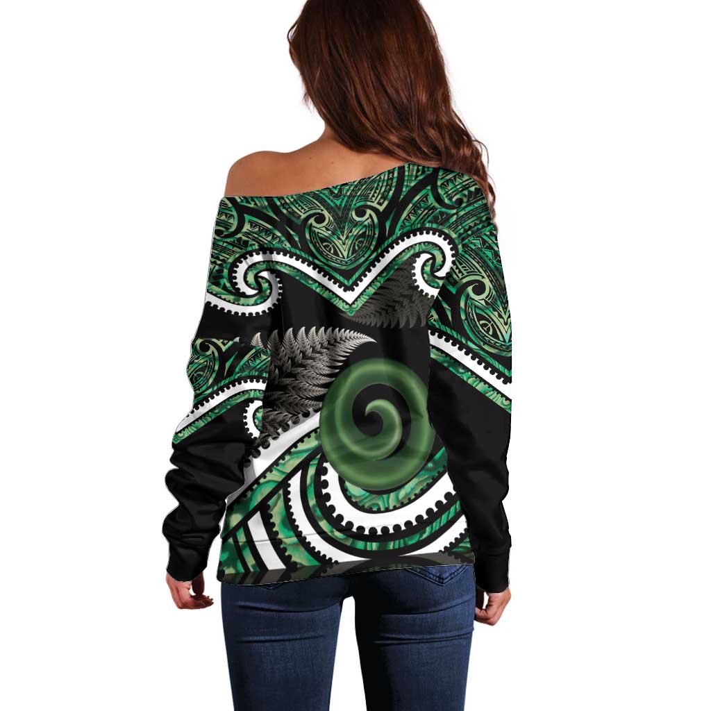 Koru Pounamu Aotearoa Off Shoulder Sweater Maori Paua Shell Mix Silver Fern - Vibe Hoodie Shop