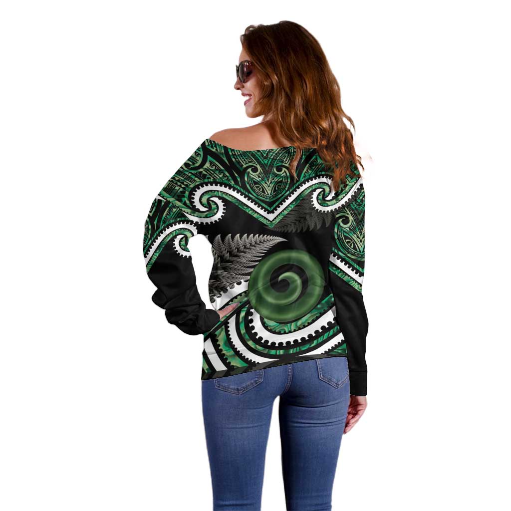 Koru Pounamu Aotearoa Off Shoulder Sweater Maori Paua Shell Mix Silver Fern - Vibe Hoodie Shop