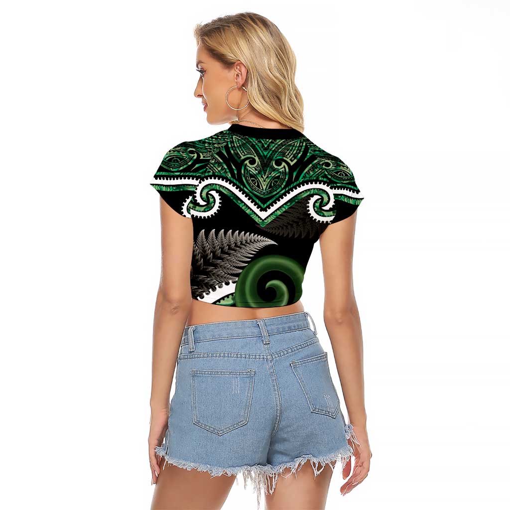 Koru Pounamu Aotearoa Raglan Cropped T Shirt Maori Paua Shell Mix Silver Fern - Vibe Hoodie Shop