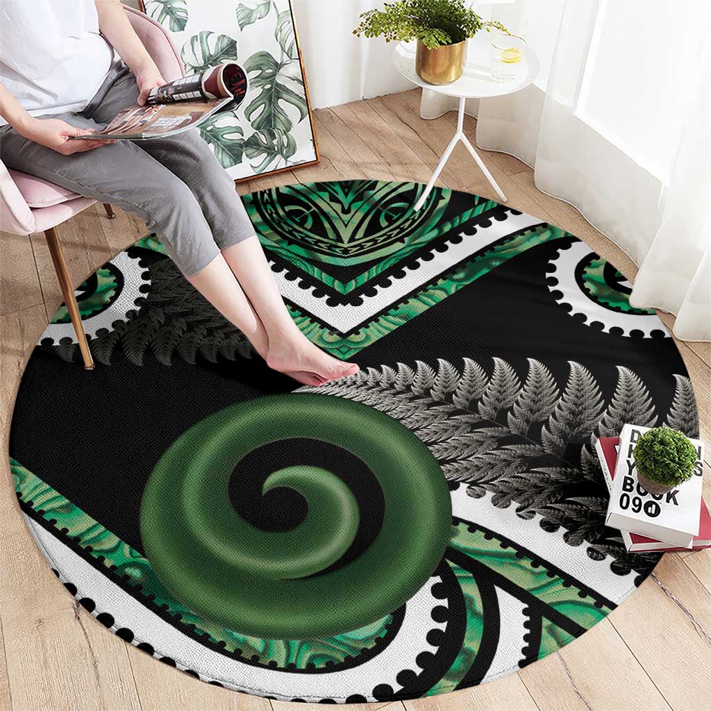 Koru Pounamu Aotearoa Round Carpet Maori Paua Shell Mix Silver Fern