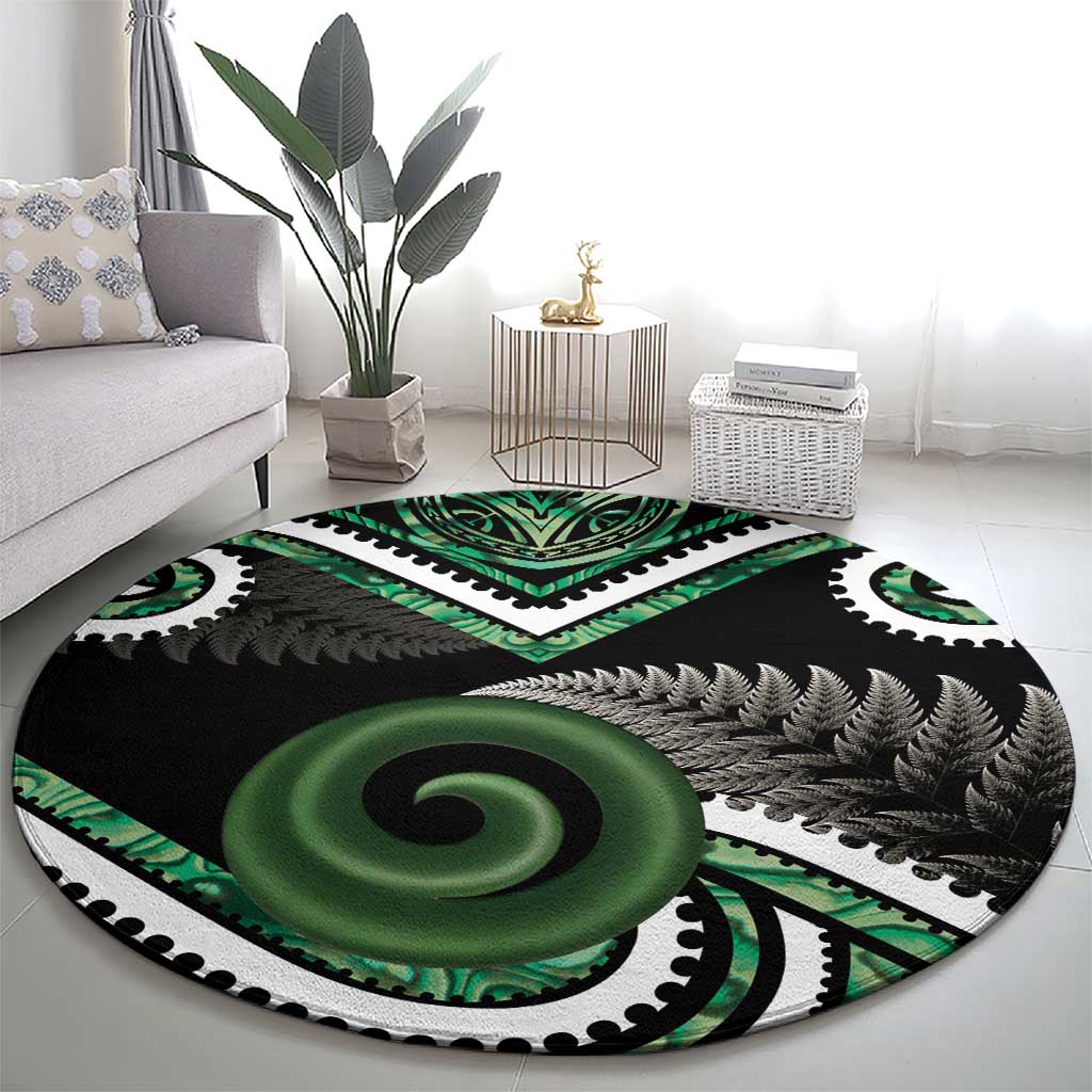 Koru Pounamu Aotearoa Round Carpet Maori Paua Shell Mix Silver Fern