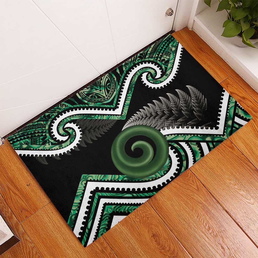 Koru Pounamu Aotearoa Rubber Doormat Maori Paua Shell Mix Silver Fern