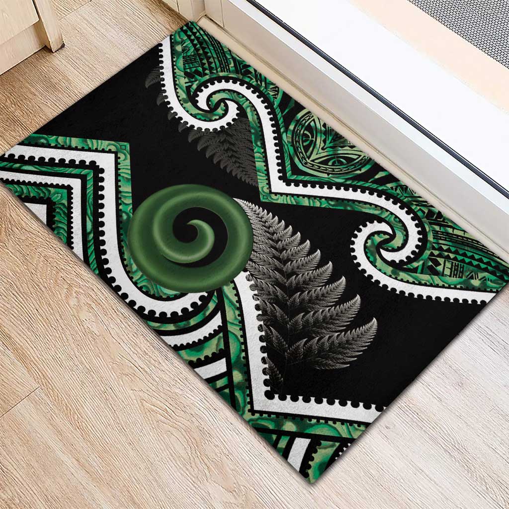 Koru Pounamu Aotearoa Rubber Doormat Maori Paua Shell Mix Silver Fern