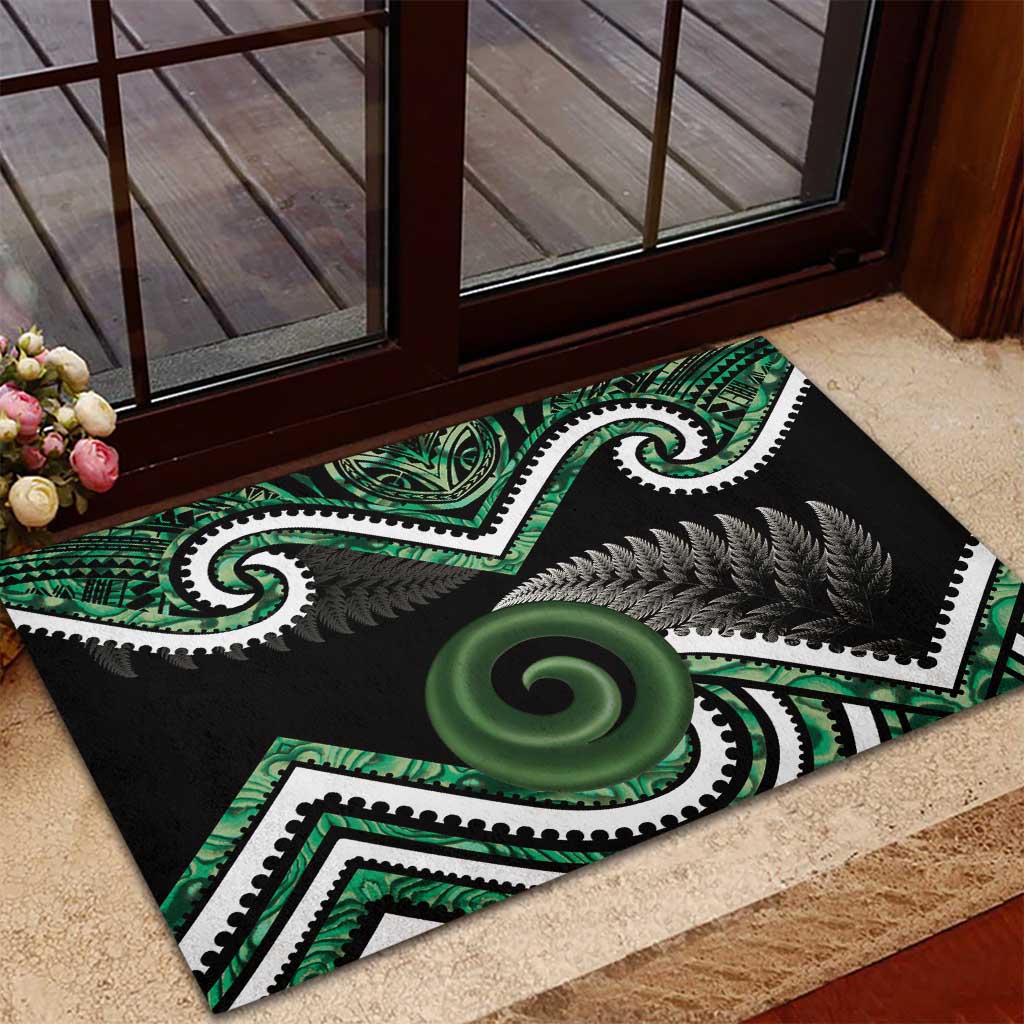 Koru Pounamu Aotearoa Rubber Doormat Maori Paua Shell Mix Silver Fern