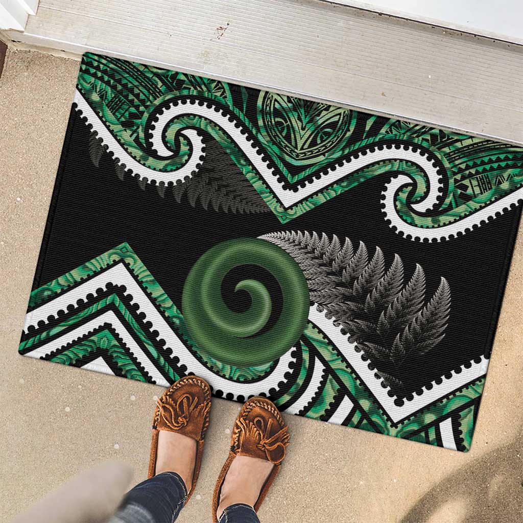 Koru Pounamu Aotearoa Rubber Doormat Maori Paua Shell Mix Silver Fern