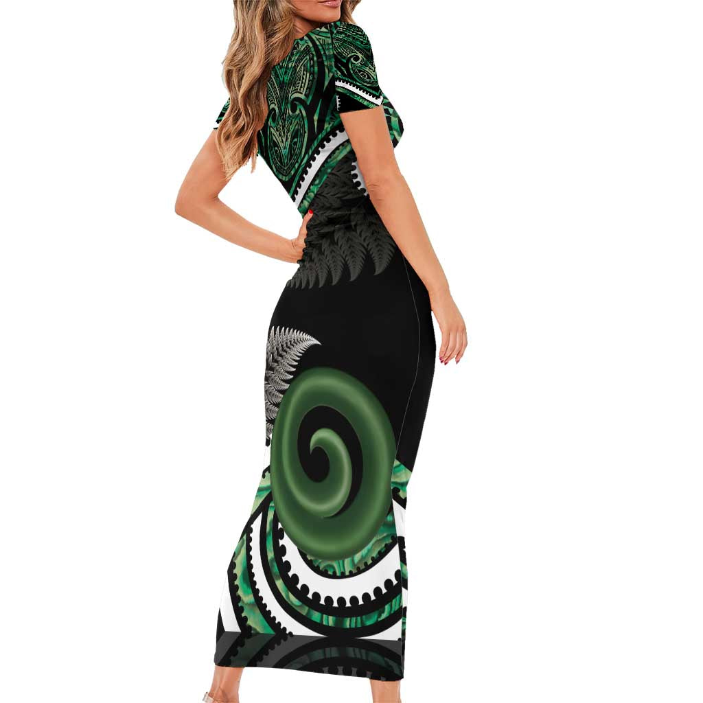 Koru Pounamu Aotearoa Short Sleeve Bodycon Dress Maori Paua Shell Mix Silver Fern