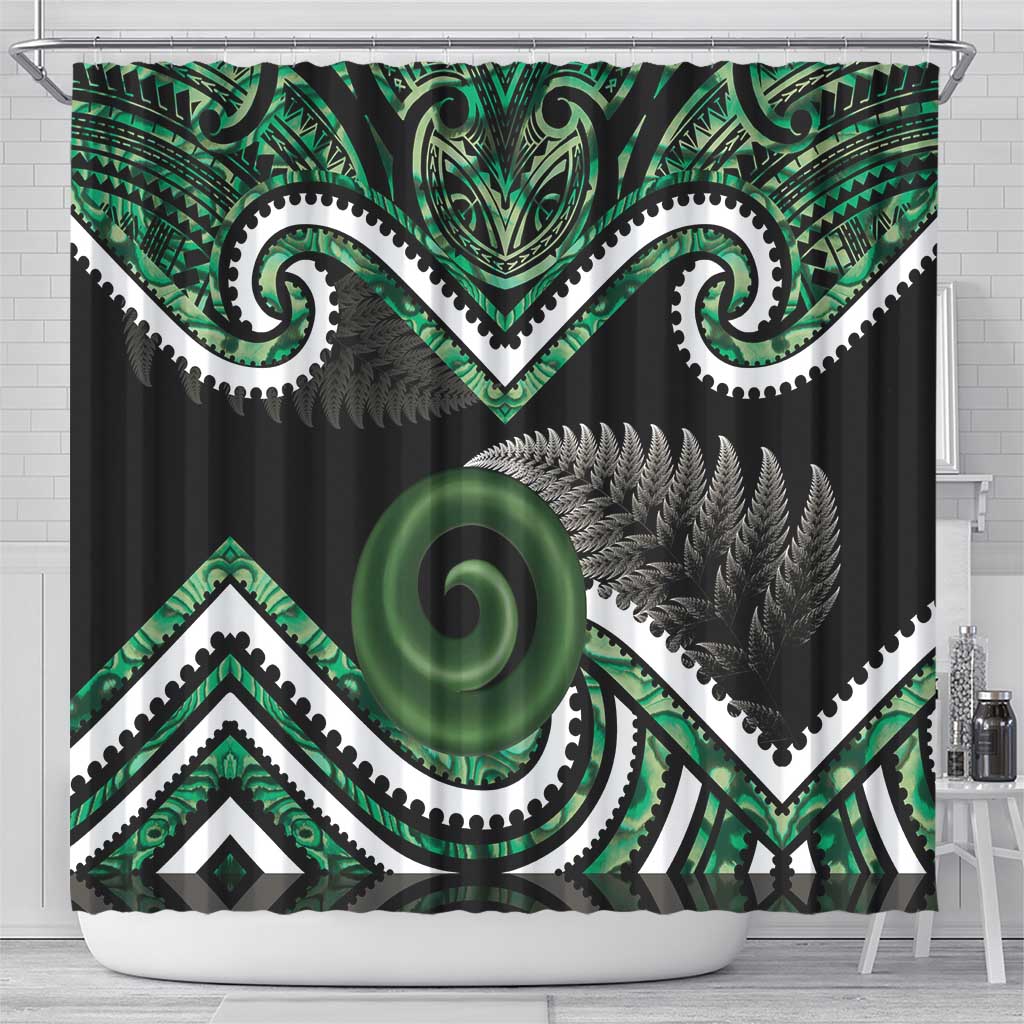 Koru Pounamu Aotearoa Shower Curtain Maori Paua Shell Mix Silver Fern