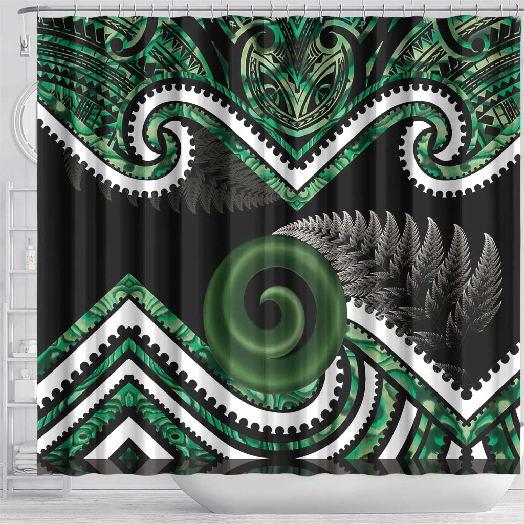 Koru Pounamu Aotearoa Shower Curtain Maori Paua Shell Mix Silver Fern