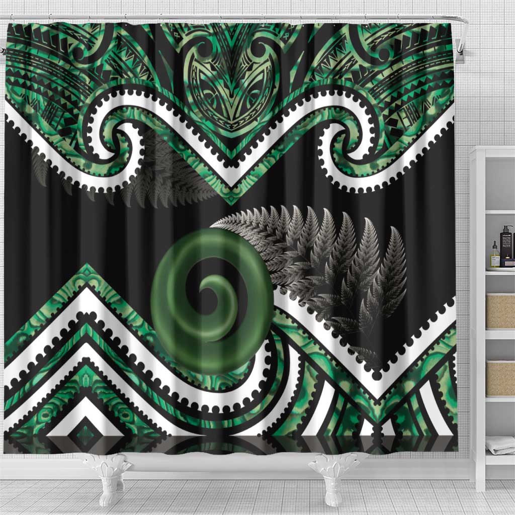 Koru Pounamu Aotearoa Shower Curtain Maori Paua Shell Mix Silver Fern