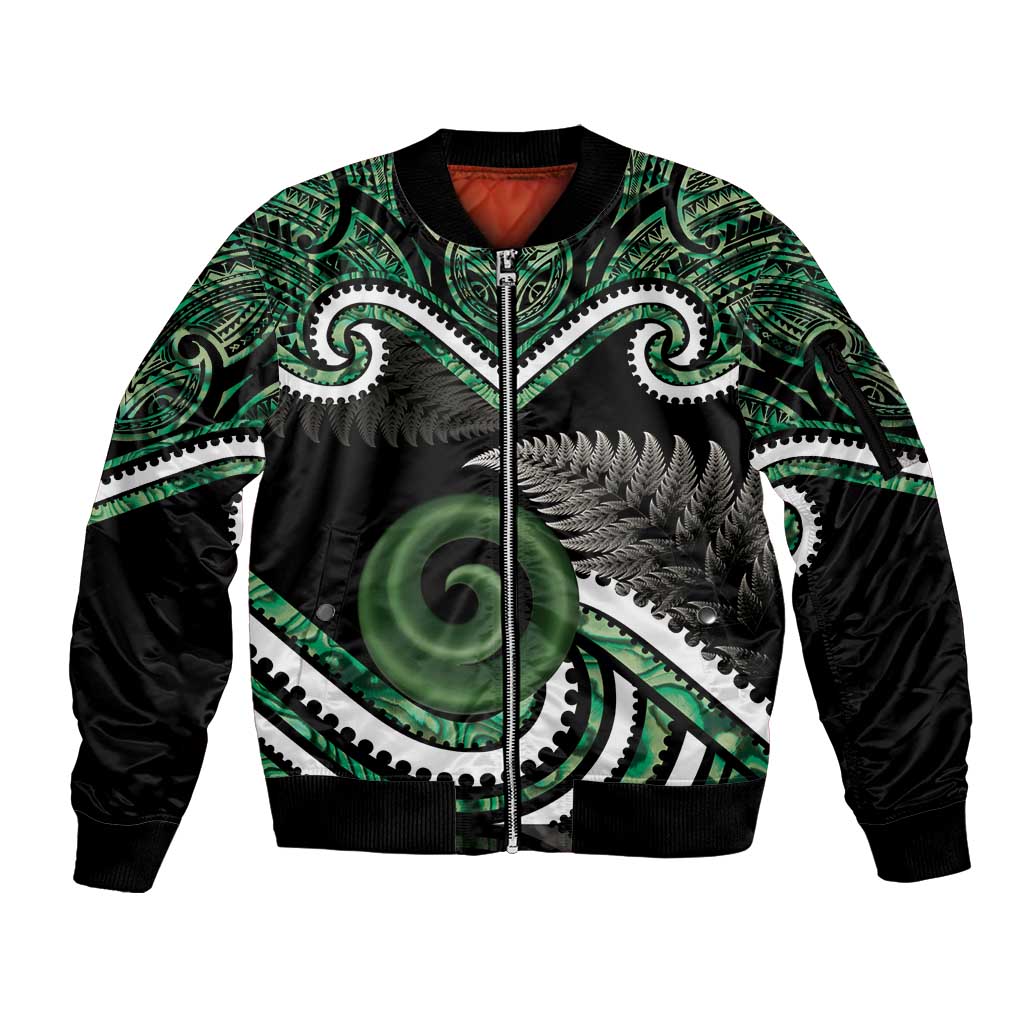 Koru Pounamu Aotearoa Sleeve Zip Bomber Jacket Maori Paua Shell Mix Silver Fern