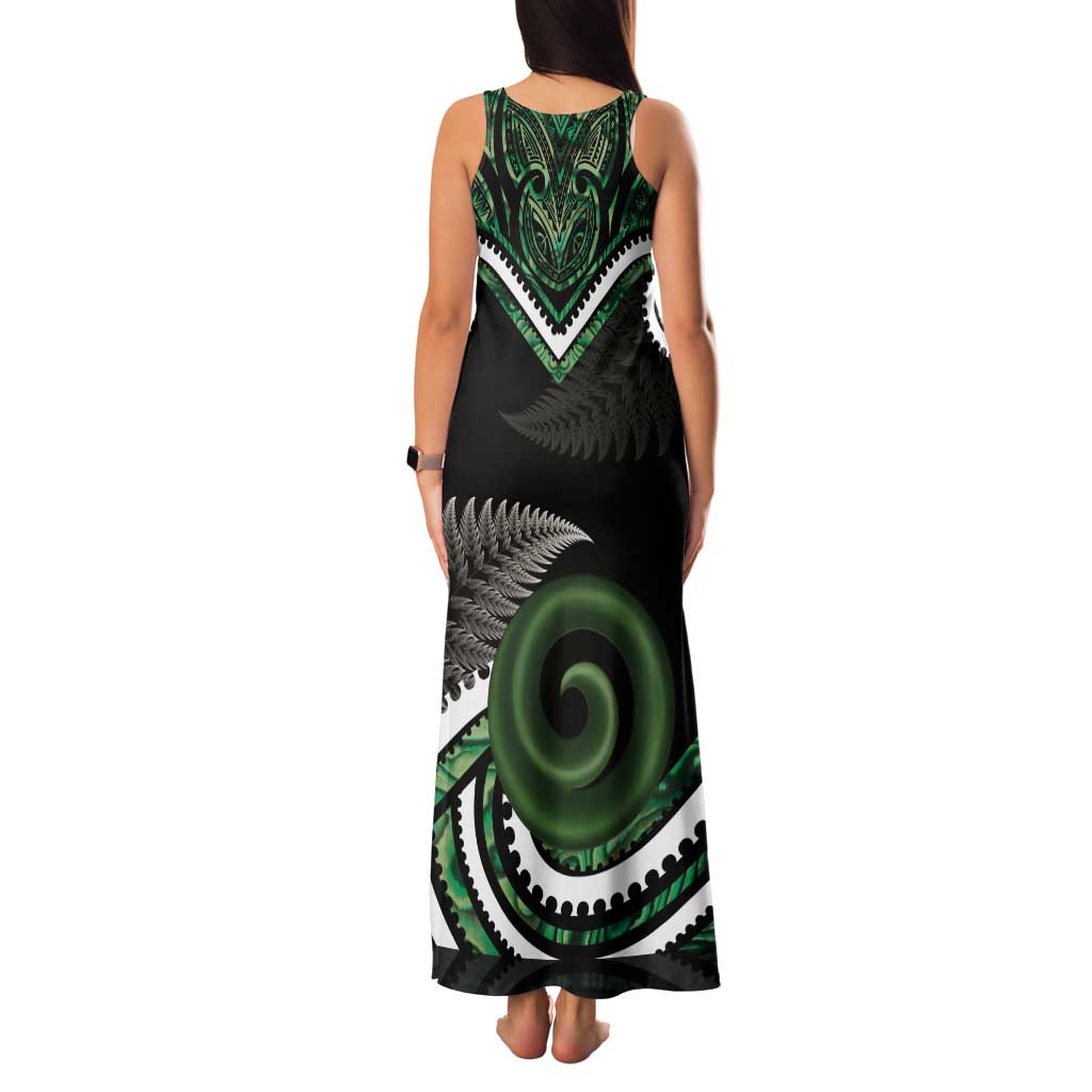 Koru Pounamu Aotearoa Tank Maxi Dress Maori Paua Shell Mix Silver Fern