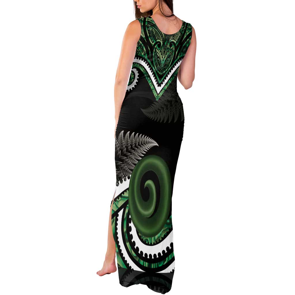 Koru Pounamu Aotearoa Tank Maxi Dress Maori Paua Shell Mix Silver Fern