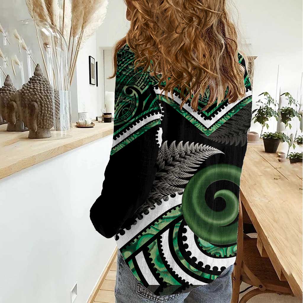 Koru Pounamu Aotearoa Women Casual Shirt Maori Paua Shell Mix Silver Fern - Vibe Hoodie Shop